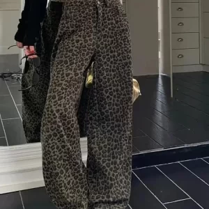american style vintage leopard straight jeans women y2k korean fashion high waist wide leg pants 2025 new casual loose jeans