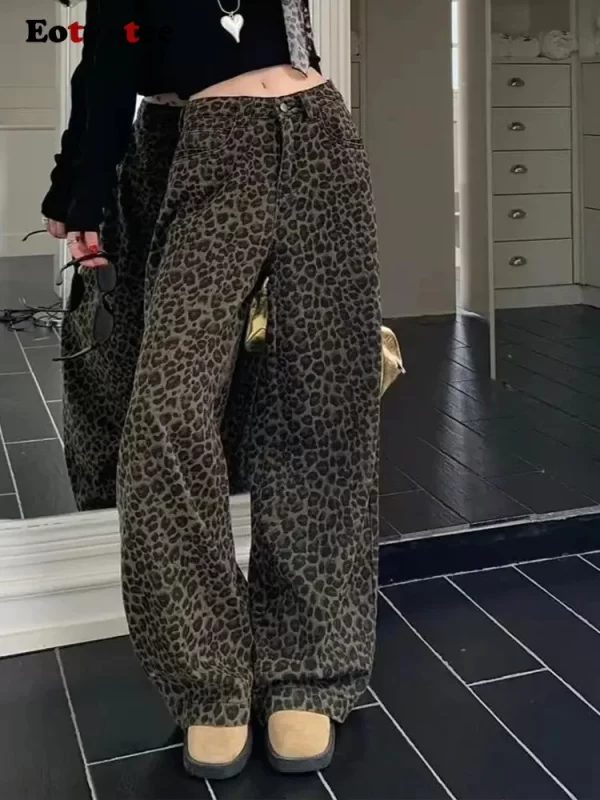 american style vintage leopard straight jeans women y2k korean fashion high waist wide leg pants 2025 new casual loose jeans