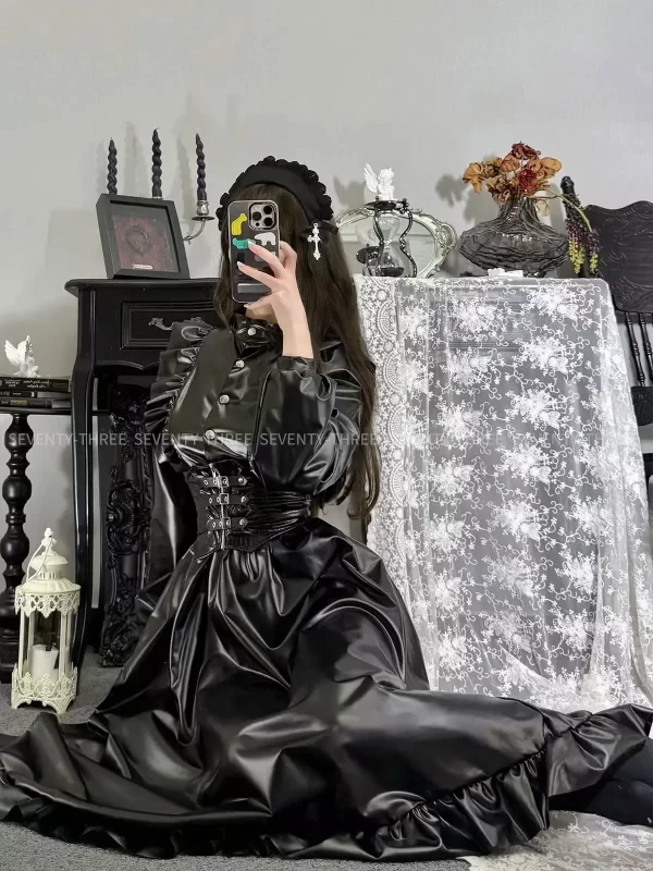 2025 divemaid pu leather collar long skirt maxi dress big hemline maid costume cosplay women's servant roleplay outfit