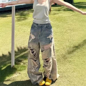 retro american high street women's jeans vintage washed hole design loose wide leg pants draped lazy style straight tube jeans