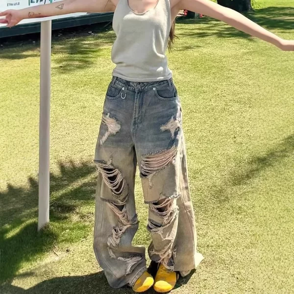 retro american high street women's jeans vintage washed hole design loose wide leg pants draped lazy style straight tube jeans