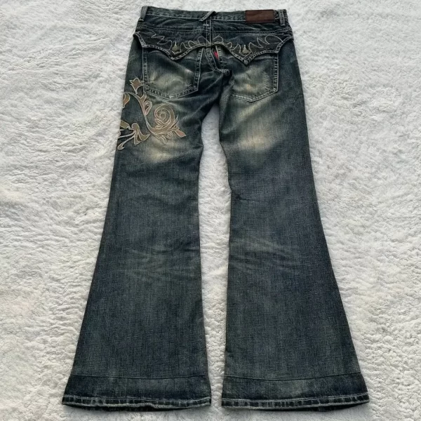 street harajuku heavy industries retro pattern embroidery blue washed jeans women's personalized casual splicing flare pants