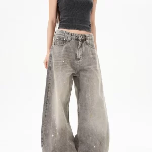 botvotee american vintage splatter paint gray baggy jeans for women high waisted wide leg y2k loose streetwear jean denim pants