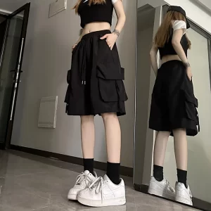 gidyq women high waist cargo shorts american style streetwear summer wide leg pants fashion female big pocket loose shorts new