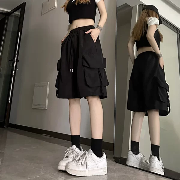 gidyq women high waist cargo shorts american style streetwear summer wide leg pants fashion female big pocket loose shorts new