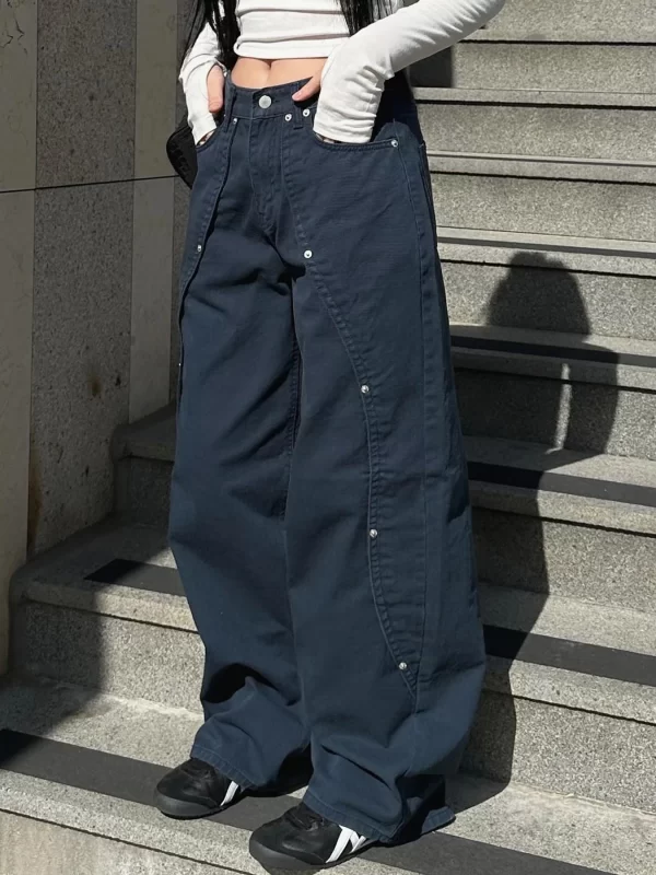 iamsure casual loose rivet jeans wide leg pants basic low waisted straight pants women 2025 spring autumn streetwear ladies