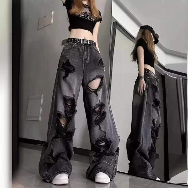 unique cool ripped jeans women's summer distressed american style bell bottoms loose fit versatile straight leg long pants