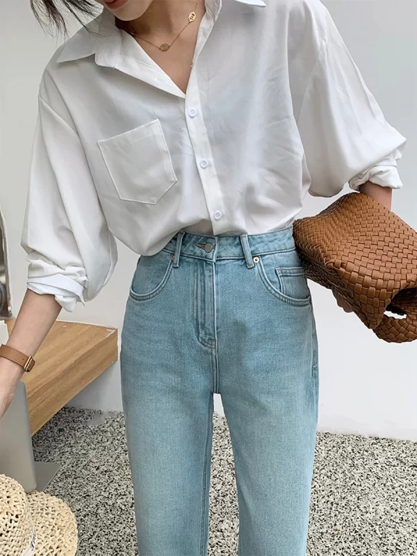 high waist woman jeans 2024 autumn new arrivals blue color botton burrs straight korean fashion elegant jeans women hot sale