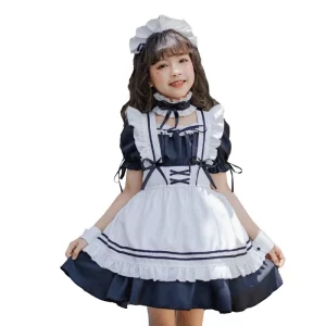 children halloween cute maid cosplay costumes girl anime lolita maid apron dress short sleeve ruffle with headwear neckwear suit
