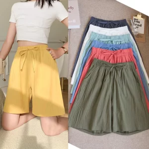 women cotton shorts summer casual solid two pockets shorts high waist loose shorts for girls soft cool female shorts