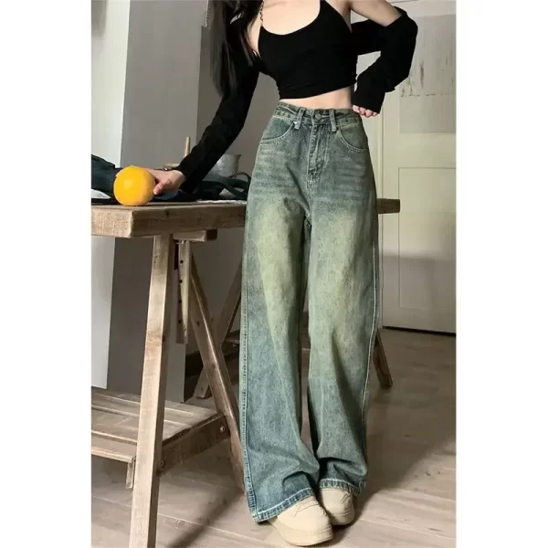 retro american washed denim pants high waist slim wide leg straight floor length women's jeans casual comfortable trousers