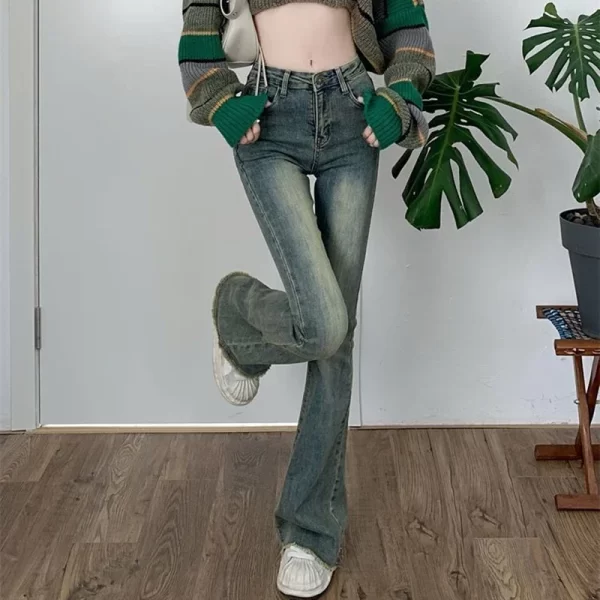 2024 woman high waist vintage streetwear flare jeans female elastic grunge bell bottom pants girls fashion blue denim trousers