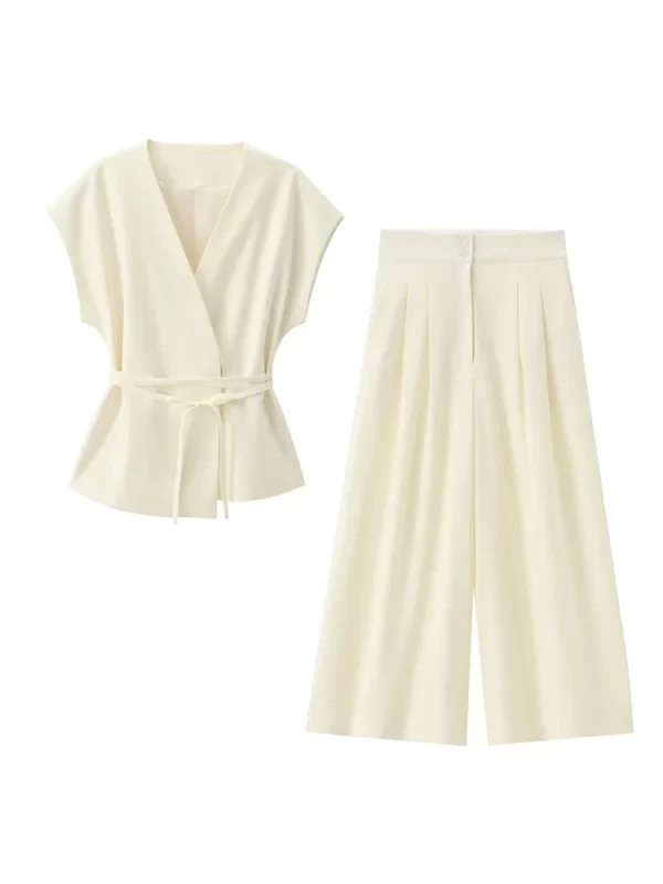 tfmln fashion women's trouser suits sleeveless v neck top with belt straight pants sets 2025 spring summer commuter 2 piece set