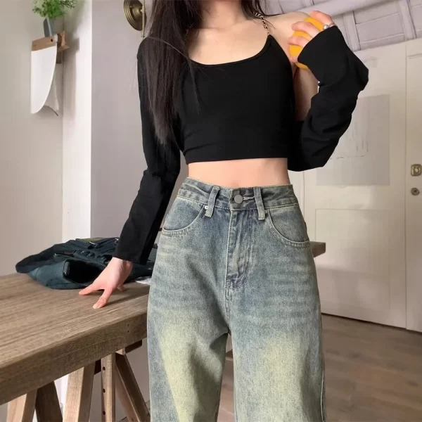 retro american washed denim pants high waist slim wide leg straight floor length women's jeans casual comfortable trousers