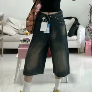 korean style vintage men's jeans summer loose male wide leg knee length shorts new washed fashion short denim pants