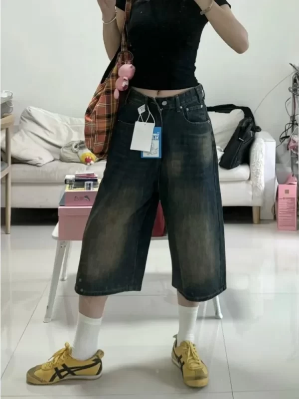 korean style vintage men's jeans summer loose male wide leg knee length shorts new washed fashion short denim pants