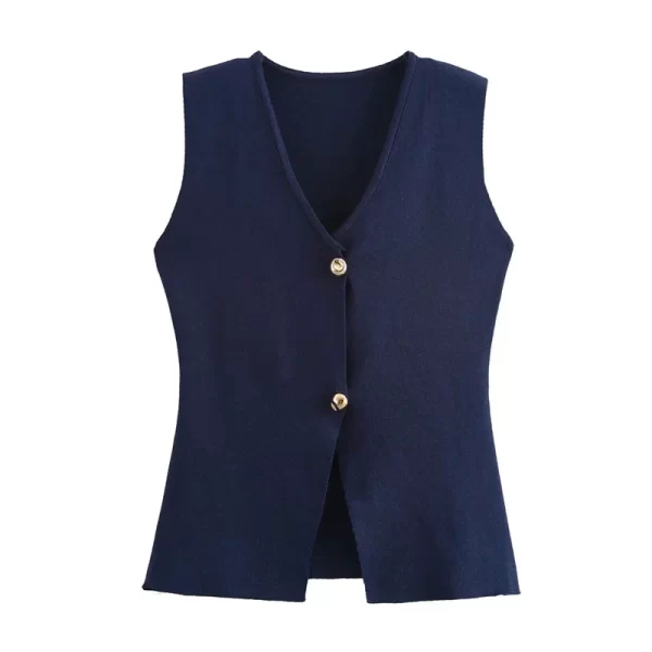 stunrobes women v neck pleated knitted casual top metal vest button sleeveless top female clothing fashion lady vest for women