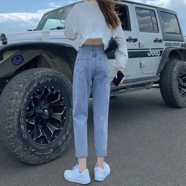 trendy high waisted adjustable jeans women's summer new style korean wide leg nine point straight leg carrot harem pants
