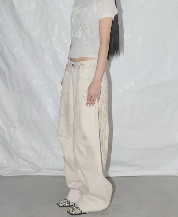 light colour trend dressing up korean style simple baggy angel printed jeans 2025 spring necessary solid retro straight pants