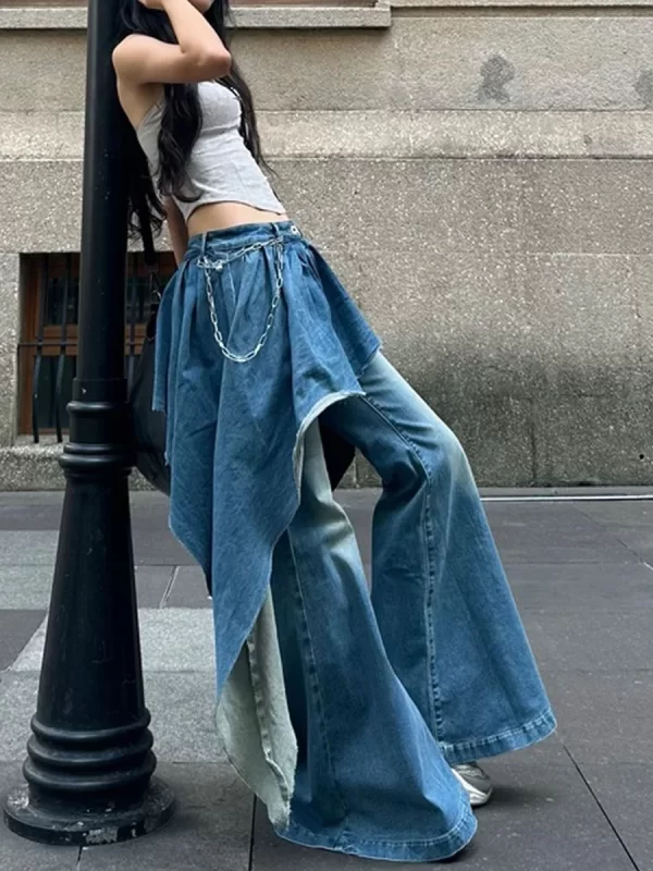slimming bell bot jeans women's high waist long pants distred denim patchwork design trendy autumn winter new arrival