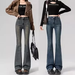 spring woman high waist vintage flare jeans girls korean y2k 2000s bell bottom pants female streetwear gray blue denim trousers