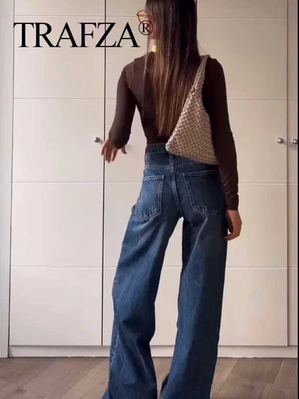 trafza 2025 fashion women slanted placket blue jeans female wide leg pants long pants high street ripped jeans versatile retro
