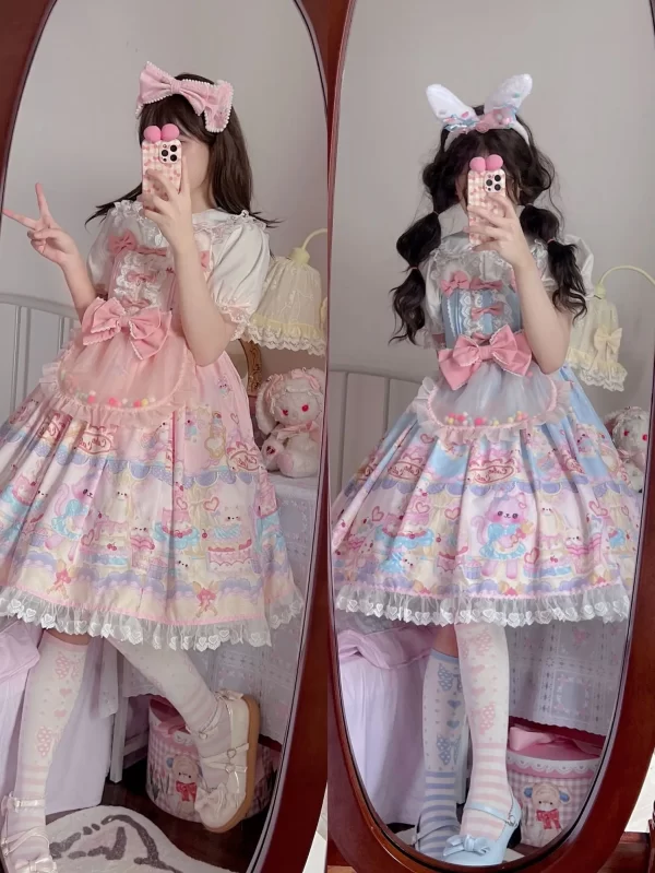 sweet lolita dress women vintage gothic printed summer sleeveless dress japanese bow bear kawaii princess maid dresses jsk