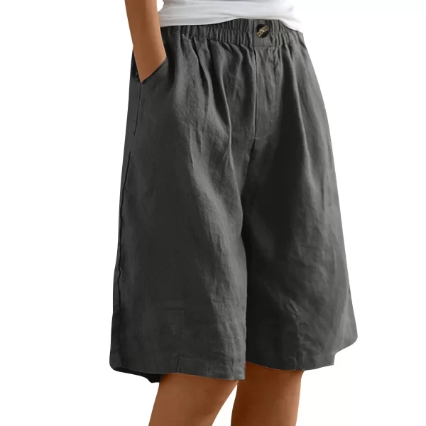 women's fashion solid color pants pocket button up capris loose elastic waist cotton linen shorts