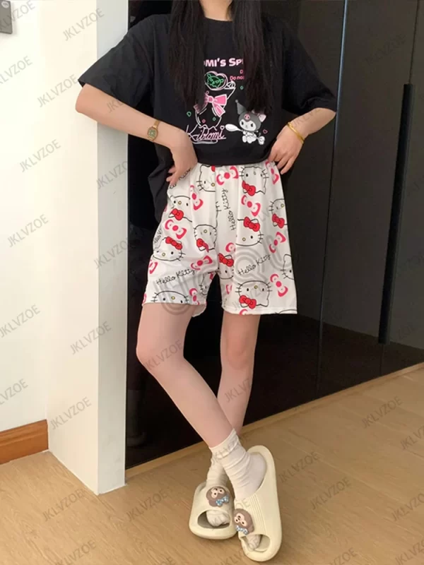 2025 new cartoon hello kitty loose print ladies pajama short pants women men summer sleep shorts loose casual short trousers