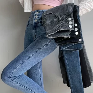 new women's high waist stretch jeans blue black gray fashionable and versatile multi button popular slim denim long pants female