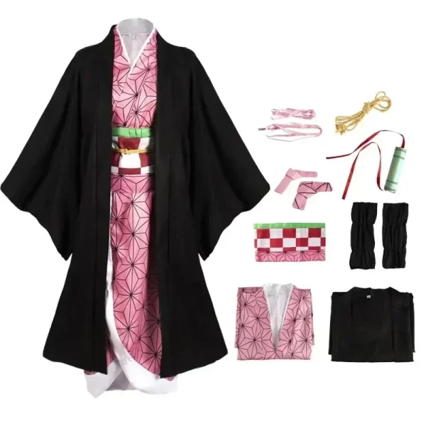 2025o nezuko anime cosplay costume, kimono demon slayer, perruques, cheveux, halloween, carnaval, tenue pour femme