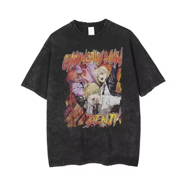 anime chainsaw man acid tshirt retro vintage washed printed graphic t shirt men harajuku cotton casual short sleeve tshirt tops