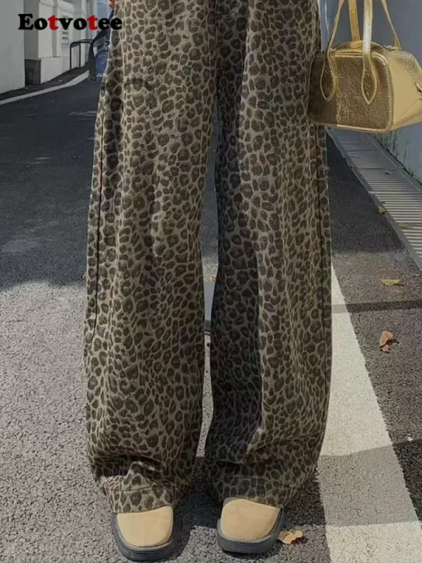 american style vintage leopard straight jeans women y2k korean fashion high waist wide leg pants 2025 new casual loose jeans