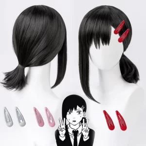 higashiyama kobeni cosplay wig chainsaw man cosplay 38cm black pigtail heat resistant synthetic hair anime wigs + wig cap