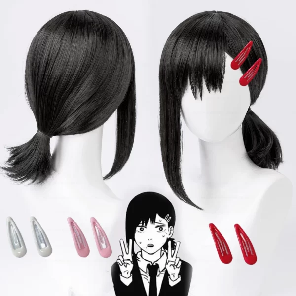 higashiyama kobeni cosplay wig chainsaw man cosplay 38cm black pigtail heat resistant synthetic hair anime wigs + wig cap