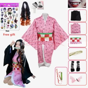 anime demon slayer nezuko cosplay costume kimono kimetsu no yaiba kamado nezuko costume wig womens girls kimono uniform clothes