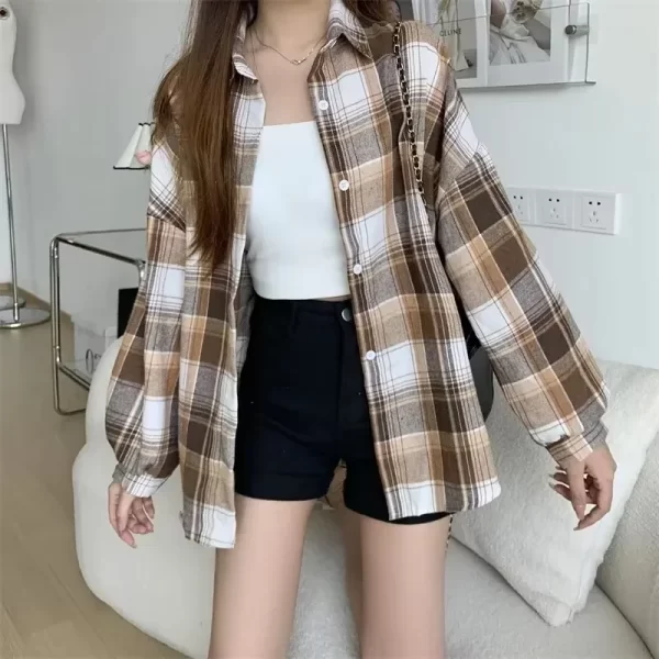 plaid shirt women fashion autumn long sleeve top female vintage single breasted blouse ladies preppy style loose check shirts