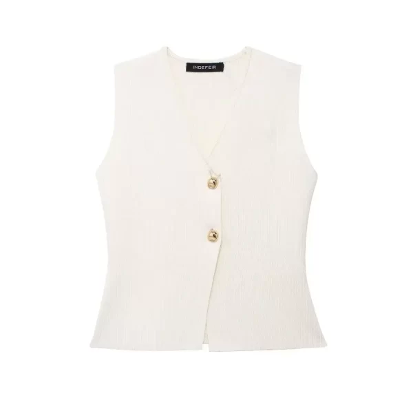 stunrobes women v neck pleated knitted casual top metal vest button sleeveless top female clothing fashion lady vest for women