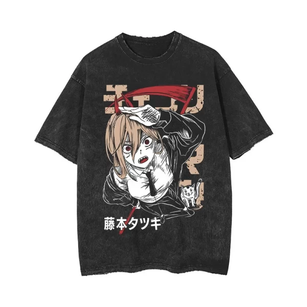 anime chainsaw man acid tshirt retro vintage washed printed graphic t shirt women harajuku cotton casual short sleeve tshirt