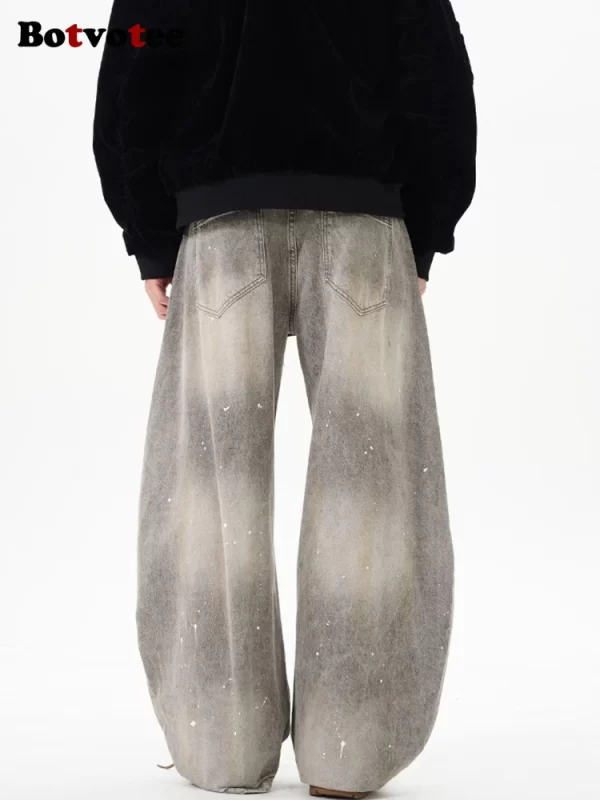 botvotee american vintage splatter paint gray baggy jeans for women high waisted wide leg y2k loose streetwear jean denim pants