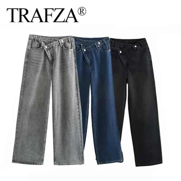 trafza 2025 fashion women slanted placket blue jeans female wide leg pants long pants high street ripped jeans versatile retro