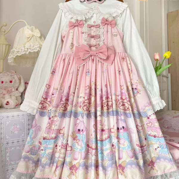 sweet lolita dress women vintage gothic printed summer sleeveless dress japanese bow bear kawaii princess maid dresses jsk