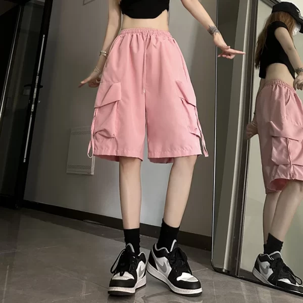 gidyq women high waist cargo shorts american style streetwear summer wide leg pants fashion female big pocket loose shorts new