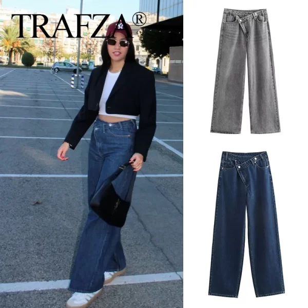 trafza 2025 fashion women slanted placket blue jeans female wide leg pants long pants high street ripped jeans versatile retro