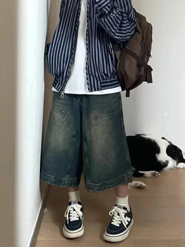 y2k women vintage retro streetwear breeches harajuku blue denim wide leg baggy short pants jorts bermudas jeans shorts clothes