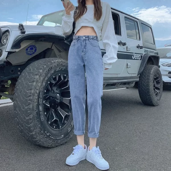 trendy high waisted adjustable jeans women's summer new style korean wide leg nine point straight leg carrot harem pants