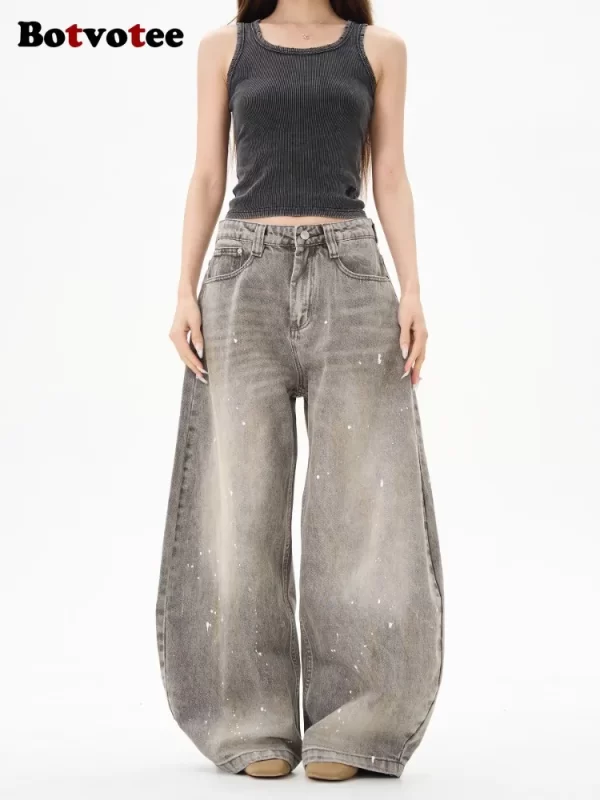 botvotee american vintage splatter paint gray baggy jeans for women high waisted wide leg y2k loose streetwear jean denim pants