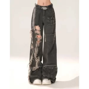 high waist ripped women's black jeans hip hop style fashion vintage streetwear y2k wide leg jean trouser baggy denim pants