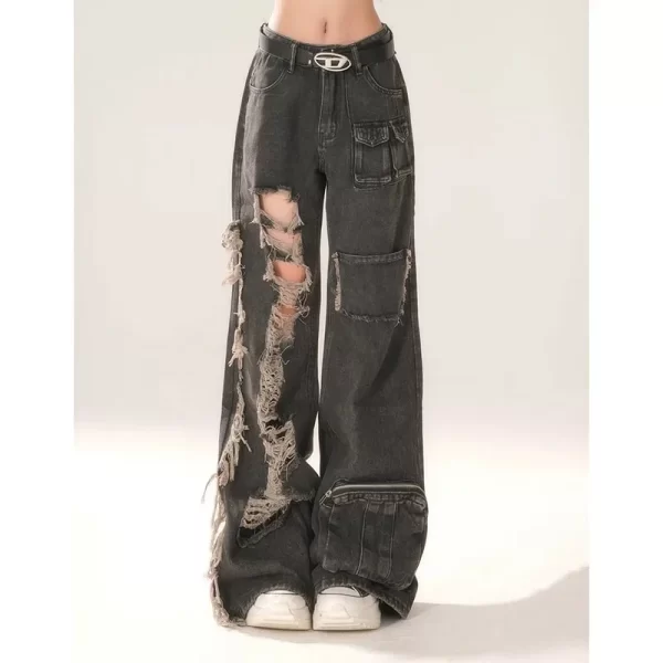 high waist ripped women's black jeans hip hop style fashion vintage streetwear y2k wide leg jean trouser baggy denim pants