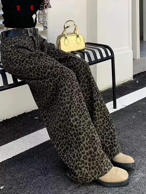 american style vintage leopard straight jeans women y2k korean fashion high waist wide leg pants 2025 new casual loose jeans